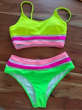 SHEIN Neon Green & Pink Striped Two-Piece Bikini